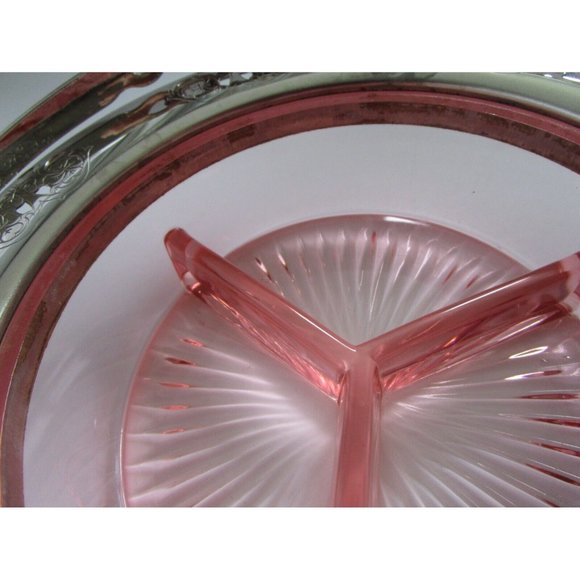 VTG Pink Depression GLASS Divided DISH W/HANDLE Candy/NUT FARBERWARE Silver Rim - Picture 8 of 16